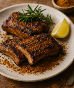 Côtes de porc grillées garnies d'épices, romarin et tranche de citron sur une assiette.