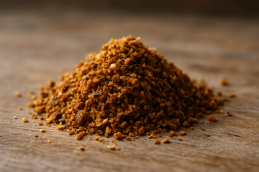 Tas de chapelure de pain doré sur une table en bois, prêt pour la cuisson ou la finition culinaire.