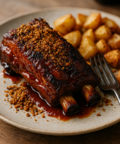 Côtelette de porc caramélisée avec pommes de terre rôties, servie sur une assiette rustique, ambiance gourmande.