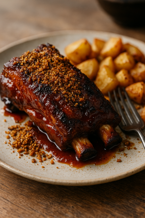 Côtelette de porc caramélisée avec pommes de terre rôties, servie sur une assiette rustique, ambiance gourmande.