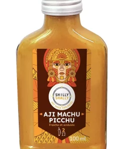 Bouteille de sauce piquante Aji Machu Picchu, fraîche et acidulée, de 100 ml avec étiquette colorée inspirée de l'art péruvien.