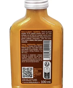 Flacon de sauce au piment amarillo, ingrédients détaillés, 100 ml. Idées recettes et plus via le QR code inclus.