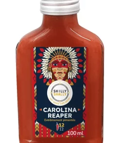 Sauce piquante Carolina Reaper, Shilly Shally, bouteille de 100 ml, intensité 12/12, design coloré.