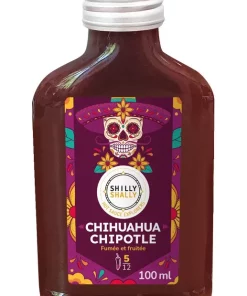 Sauce piquante 100ml Chihuahua Chipotle, saveur fumée et fruitée, design coloré avec crâne mexicain.