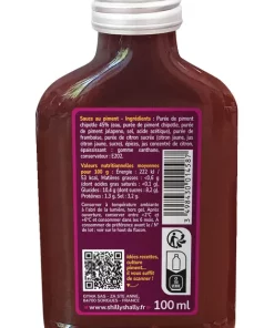 Sauce au piment chipotle et jalapeño 100 ml avec valeurs nutritionnelles et instructions de conservation.
