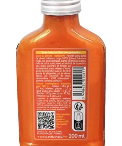 Bouteille de sauce pimentée habanero avec étiquette d'ingrédients et conseils d'utilisation. Format compact de 100 ml.