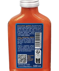 Bouteille de sauce au piment avec étiquette indiquant ingrédients et informations nutritionnelles, 100 ml.