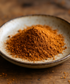 Poudre de cannelle dans un bol en céramique sur une table en bois, idéale pour la cuisine et les boissons chaudes.