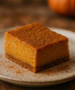 Gâteau épicé à la citrouille sur assiette, saupoudré de cannelle, parfait pour l'automne.