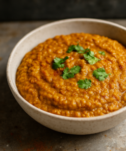 Bol de curry de lentilles crémeux, garni de coriandre fraîche, sur fond rustique.