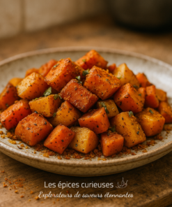Assiette de cubes de légumes rôtis épicés, savoureux et colorés, servie sur une table en bois rustique.