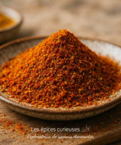 Assiette de poudre de curry épicée sur une table en bois, mettant en valeur la texture et les couleurs vives des épices.