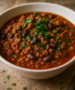 Bol de chili con carne épicé avec haricots rouges et persil frais, prêt à être dégusté.