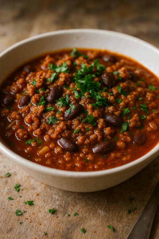 Bol de chili con carne épicé avec haricots rouges et persil frais, prêt à être dégusté.