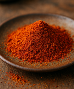 Poudre de paprika rouge épicé dans une assiette en céramique sur une table en bois.