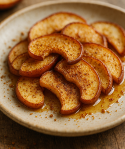 Tranches de pommes à la cannelle et au sucre sur une assiette, vues en gros plan pour une ambiance automnale gourmande.