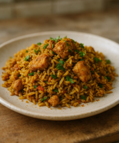 Plat de riz épicé au poulet, garni de coriandre fraîche, servi sur une assiette blanche.