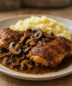 Poulet rôti aux champignons et purée crémeuse, sauce savoureuse, sur une assiette en céramique.