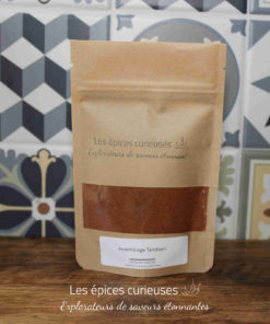 Sachet d’épices tandoori Les épices curieuses devant un carrelage décoratif.