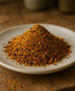 Assortiment de fines épices colorées sur une assiette blanche, idéal pour enrichir les plats de saveurs exotiques.