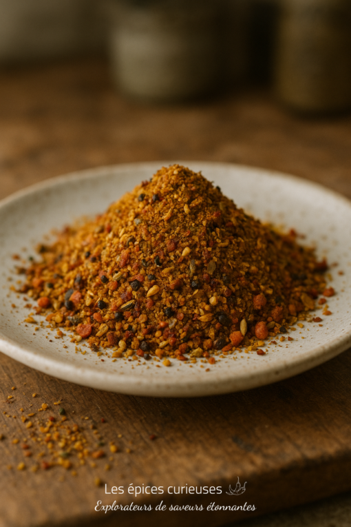 Assortiment de fines épices colorées sur une assiette blanche, idéal pour enrichir les plats de saveurs exotiques.