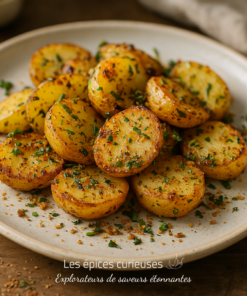 Pommes de terre rôties dorées avec persil sur assiette blanche, assaisonnées et croustillantes.