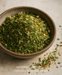 Bol d'herbes séchées et d'épices variées sur une surface en pierre pour cuisiner des plats savoureux et aromatiques.