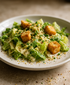 Salade César appétissante avec laitue croquante, croûtons dorés et parmesan, saupoudrée de ciboulette fraîche.