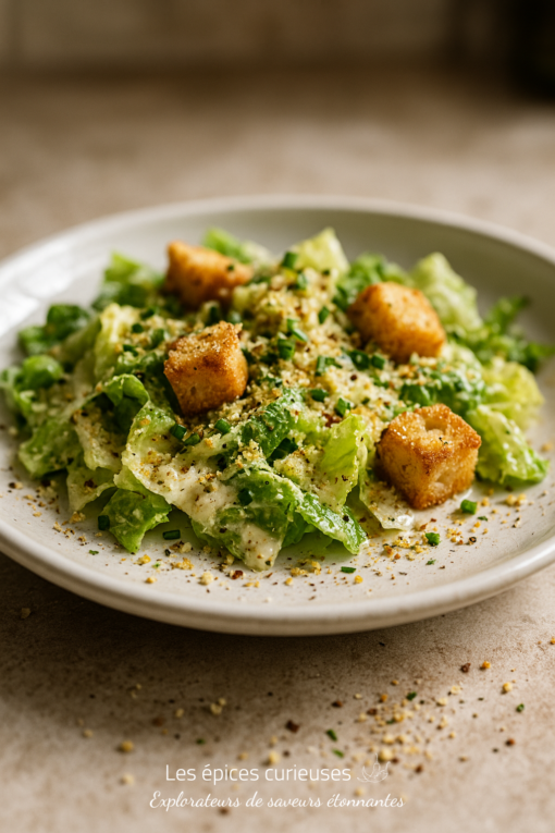 Salade César appétissante avec laitue croquante, croûtons dorés et parmesan, saupoudrée de ciboulette fraîche.