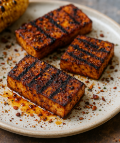 Tofu grillé épicé et épi de maïs sur assiette en céramique, délicieux repas végane.