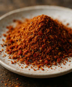 Assortiment d'épices rouges savoureuses sur une assiette, idéal pour relever vos plats avec une touche épicée.