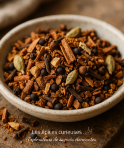 Mélange d'épices dans un bol en céramique sur une table en bois, prêt pour des recettes parfumées et savoureuses.