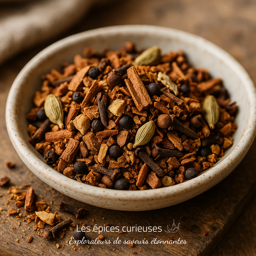 Chai Latte – Morceaux Mélange d'épices dans un bol en céramique sur une table en bois, prêt pour des recettes parfumées et savoureuses.