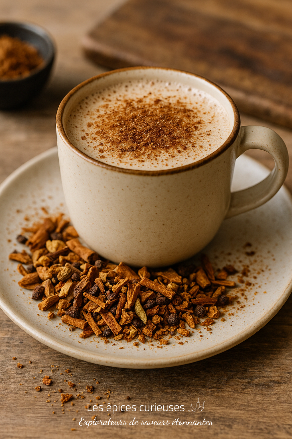 Chai Latte – Morceaux (2) Tasse de chai latte crémeux saupoudré de cannelle, entouré d'épices sur une soucoupe en céramique rustique.