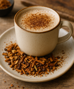 Tasse de chai latte crémeux saupoudré de cannelle, entouré d'épices sur une soucoupe en céramique rustique.