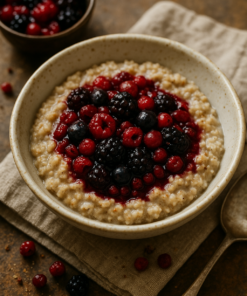 Bol de porridge sain garni de fruits rouges et baies pour un petit-déjeuner équilibré et nutritif.