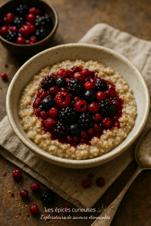 Bol de porridge sain garni de fruits rouges et baies pour un petit-déjeuner équilibré et nutritif.