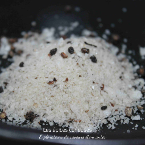 Sel de mer aux épices variées dans un bol noir, idéal pour rehausser vos plats gourmands.