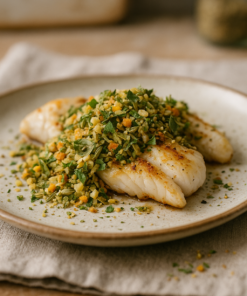 Plat de poisson blanc garni d'herbes et d'épices sur une assiette en céramique.