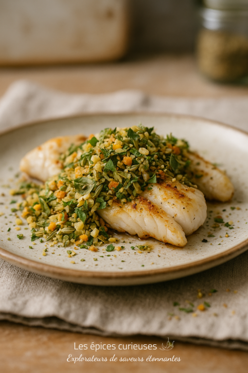 Plat de poisson blanc garni d'herbes et d'épices sur une assiette en céramique.