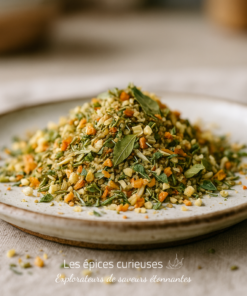 Assortiment de légumes et herbes séchés sur une assiette, idéal pour rehausser les plats divers.