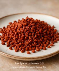 Pile de graines d'achiote rouges sur une assiette blanche, utilisée comme colorant naturel ou épice.