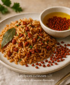 Riz épicé avec annatto sur assiette blanche, accompagné de beurre infusé et feuille de laurier.