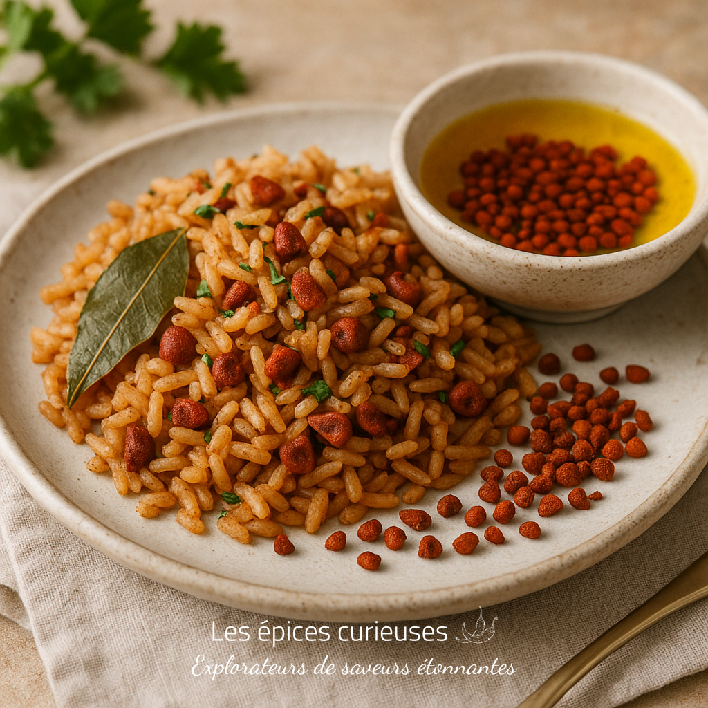Graines d’Annato – Roucou (2) Riz épicé avec annatto sur assiette blanche, accompagné de beurre infusé et feuille de laurier.