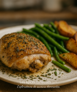 Poulet rôti aux herbes avec haricots verts et pommes de terre dorées. Repas savoureux et équilibré.