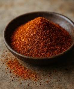 Assiette de poudre de piment rouge épicée, posée sur une table en bois.
