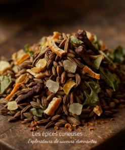 Mélange aromatique d'épices sur planche en bois pour cuisine exotique et épicée.