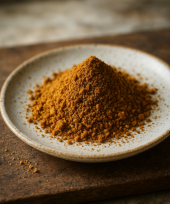 Poudre de cannelle sur une assiette en céramique, parfaite pour la cuisine et les recettes gourmandes.