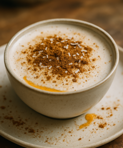 Tasse de cappuccino crémeux saupoudré de cannelle, posée sur une soucoupe en céramique.