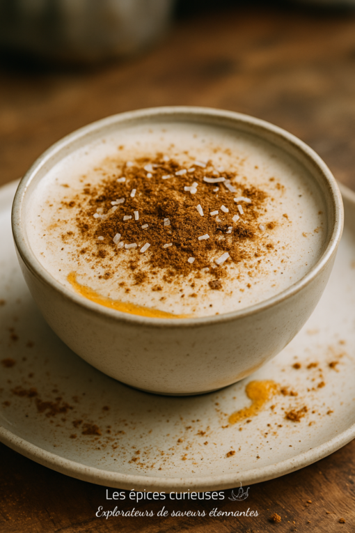 Tasse de cappuccino crémeux saupoudré de cannelle, posée sur une soucoupe en céramique.